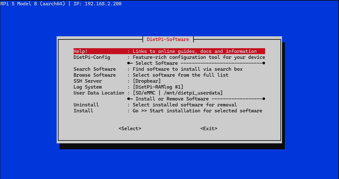 Tela do comando dietpi-software